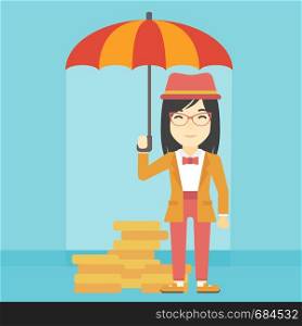 An asian young business woman standing in the rain and holding an umbrella over gold coins. Business insurance concept. Vector flat design illustration. Square layout.. Business woman with umbrella protecting money.