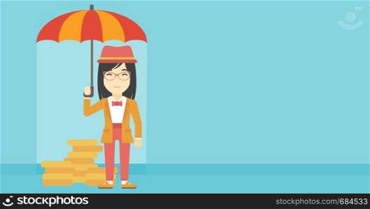 An asian young business woman standing in the rain and holding an umbrella over gold coins. Business insurance concept. Vector flat design illustration. Horizontal layout.. Business woman with umbrella protecting money.