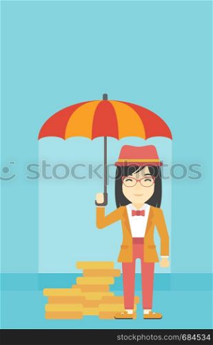 An asian young business woman standing in the rain and holding an umbrella over gold coins. Business insurance concept. Vector flat design illustration. Vertical layout.. Business woman with umbrella protecting money.