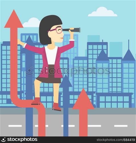 An asian young business woman standing on the top of arrow and looking through spyglass on the background of modern city. Vector flat design illustration. Square layout.. Businessman woman with spyglass on rising arrow.