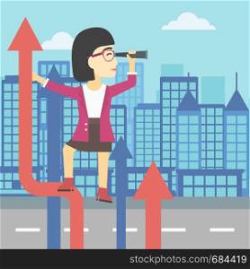 An asian young business woman standing on the top of arrow and looking through spyglass on the background of modern city. Vector flat design illustration. Square layout.. Businessman woman with spyglass on rising arrow.