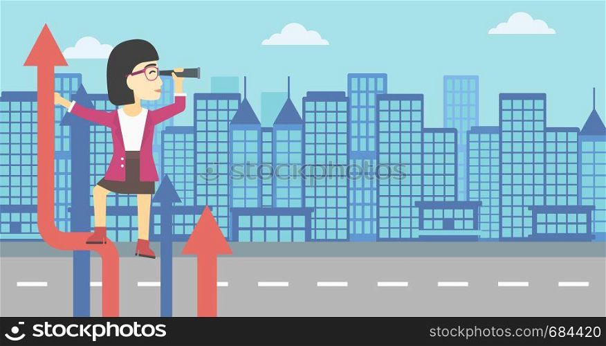 An asian young business woman standing on the top of arrow and looking through spyglass on the background of modern city. Vector flat design illustration. Horizontal layout.. Businessman woman with spyglass on rising arrow.