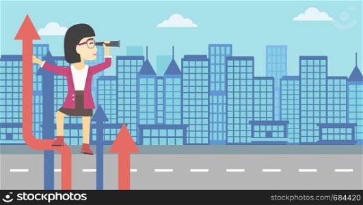 An asian young business woman standing on the top of arrow and looking through spyglass on the background of modern city. Vector flat design illustration. Horizontal layout.. Businessman woman with spyglass on rising arrow.