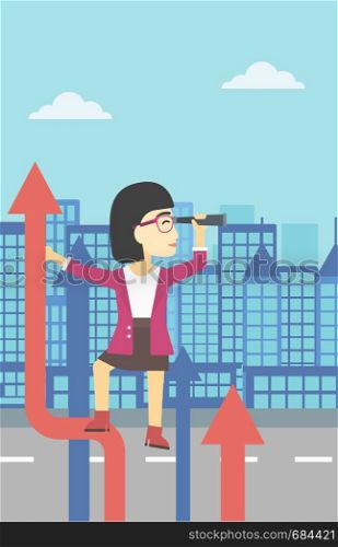 An asian young business woman standing on the top of arrow and looking through spyglass on the background of modern city. Vector flat design illustration. Vertical layout.. Businessman woman with spyglass on rising arrow.