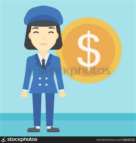 An asian young business woman standing with a big dollar coin behind her. Successful business concept. Vector flat design illustration. Square layout.. Successful business woman with dollar coin.