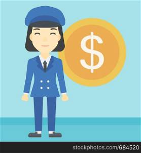 An asian young business woman standing with a big dollar coin behind her. Successful business concept. Vector flat design illustration. Square layout.. Successful business woman with dollar coin.