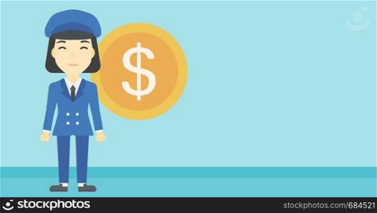 An asian young business woman standing with a big dollar coin behind her. Successful business concept. Vector flat design illustration. Horizontal layout.. Successful business woman with dollar coin.