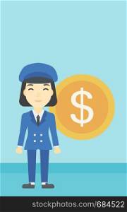 An asian young business woman standing with a big dollar coin behind her. Successful business concept. Vector flat design illustration. Vertical layout.. Successful business woman with dollar coin.
