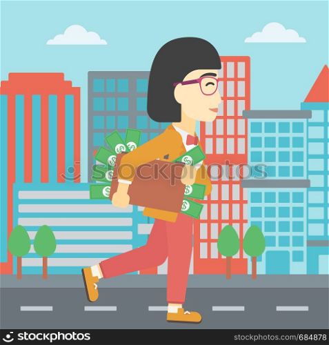 An asian young business woman walking in the city with suitcase full of money. Vector flat design illustration. Square layout.. Woman with suitcase full of money.