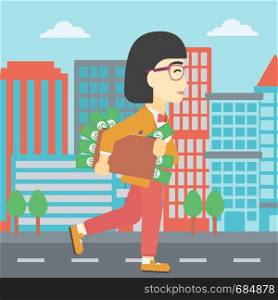 An asian young business woman walking in the city with suitcase full of money. Vector flat design illustration. Square layout.. Woman with suitcase full of money.