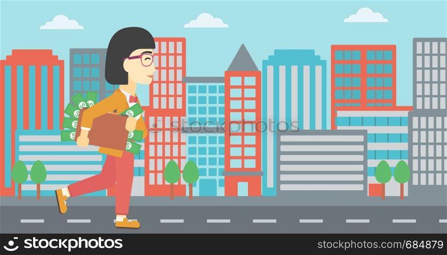 An asian young business woman walking in the city with suitcase full of money. Vector flat design illustration. Horizontal layout.. Woman with suitcase full of money.