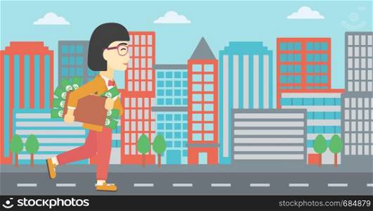 An asian young business woman walking in the city with suitcase full of money. Vector flat design illustration. Horizontal layout.. Woman with suitcase full of money.