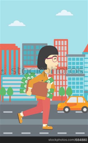 An asian young business woman walking in the city with suitcase full of money. Vector flat design illustration. Vertical layout.. Woman with suitcase full of money.