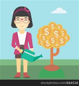 An asian young business woman watering a money tree. Successful business concept. Vector flat design illustration. Square layout.. Woman watering money tree vector illustration.