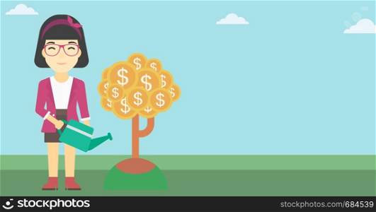 An asian young business woman watering a money tree. Successful business concept. Vector flat design illustration. Horizontal layout.. Woman watering money tree vector illustration.
