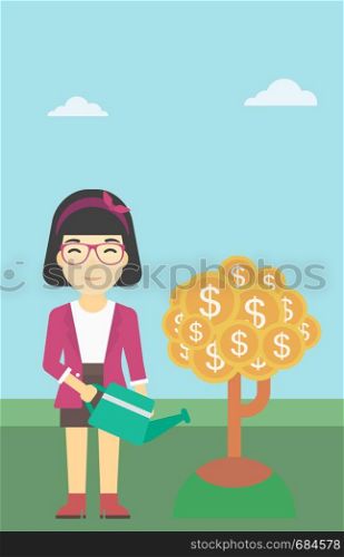 An asian young business woman watering a money tree. Successful business concept. Vector flat design illustration. Vertical layout.. Woman watering money tree vector illustration.