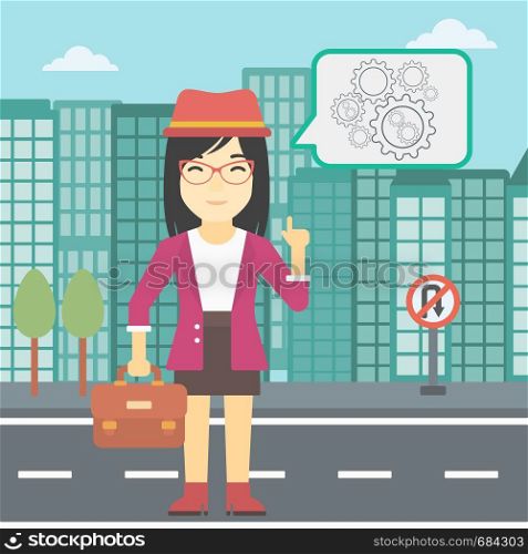 An asian young business woman with a briefcase pointing her forefinger at cogwheels on a city background. Vector flat design illustration. Square layout.. Business woman pointing at cogwheels.