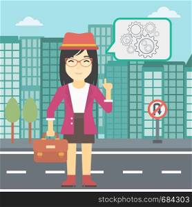 An asian young business woman with a briefcase pointing her forefinger at cogwheels on a city background. Vector flat design illustration. Square layout.. Business woman pointing at cogwheels.