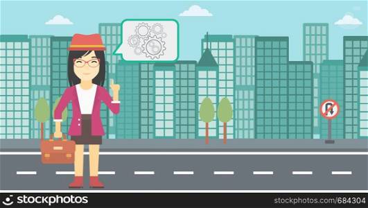 An asian young business woman with a briefcase pointing her forefinger at cogwheels on a city background. Vector flat design illustration. Horizontal layout.. Business woman pointing at cogwheels.