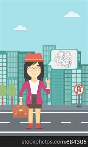 An asian young business woman with a briefcase pointing her forefinger at cogwheels on a city background. Vector flat design illustration. Vertical layout.. Business woman pointing at cogwheels.