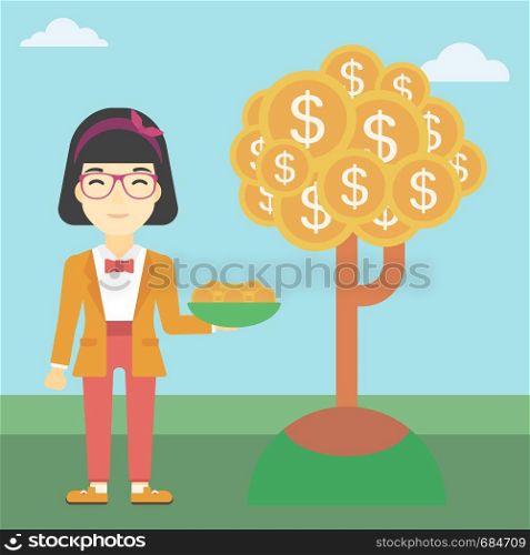 An asian young business woman with basket in hands catching dollar coins from money tree. Successful business concept. Vector flat design illustration. Square layout.. Business woman catching dollar coins.