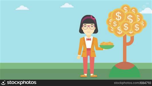 An asian young business woman with basket in hands catching dollar coins from money tree. Successful business concept. Vector flat design illustration. Horizontal layout.. Business woman catching dollar coins.