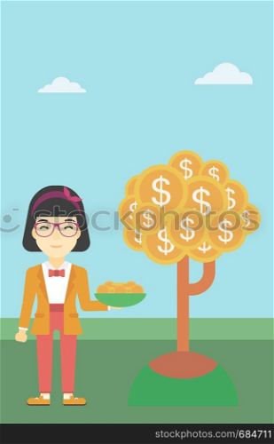 An asian young business woman with basket in hands catching dollar coins from money tree. Successful business concept. Vector flat design illustration. Vertical layout.. Business woman catching dollar coins.
