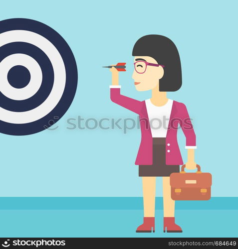 An asian young business woman with briefcase aiming at a target board. Concept of achieving of business goals. Vector flat design illustration. Square layout.. Businesswoman and target board vector illustration