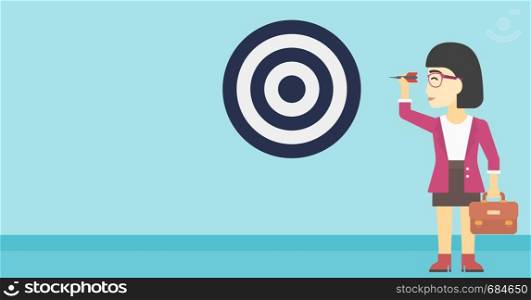 An asian young business woman with briefcase aiming at a target board. Concept of achieving of business goals. Vector flat design illustration. Horizontal layout.. Businesswoman and target board vector illustration