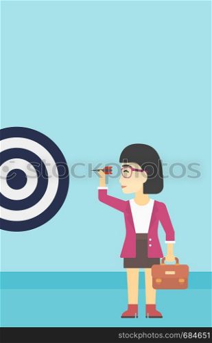 An asian young business woman with briefcase aiming at a target board. Concept of achieving of business goals. Vector flat design illustration. Vertical layout.. Businesswoman and target board vector illustration