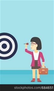 An asian young business woman with briefcase aiming at a target board. Concept of achieving of business goals. Vector flat design illustration. Vertical layout.. Businesswoman and target board vector illustration