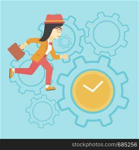 An asian young business woman with briefcase running on a blue background with clock and cogwheels. Vector flat design illustration. Square layout.. Business woman running vector illustration.