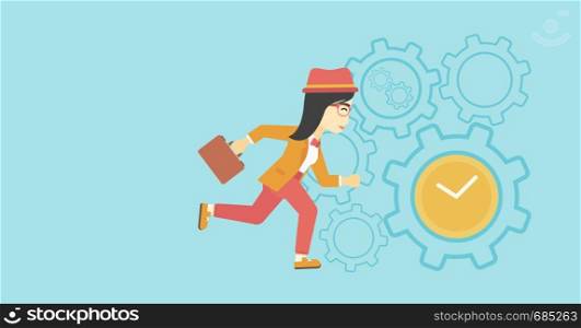 An asian young business woman with briefcase running on a blue background with clock and cogwheels. Vector flat design illustration. Horizontal layout.. Business woman running vector illustration.