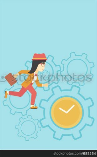 An asian young business woman with briefcase running on a blue background with clock and cogwheels. Vector flat design illustration. Vertical layout.. Business woman running vector illustration.