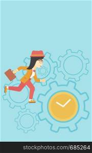 An asian young business woman with briefcase running on a blue background with clock and cogwheels. Vector flat design illustration. Vertical layout.. Business woman running vector illustration.