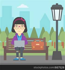 An asian young business woman with briefcase working in the park. Woman working on a laptop. Business woman sitting on a bench with laptop. Vector flat design illustration. Square layout.. Business woman working on laptop outdoor.