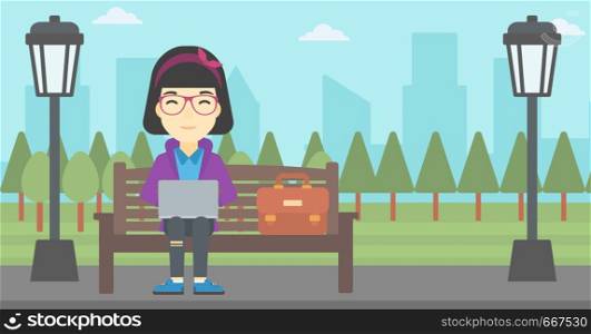 An asian young business woman with briefcase working in the park. Woman working on a laptop. Business woman sitting on a bench with laptop. Vector flat design illustration. Horizontal layout. Business woman working on laptop outdoor.