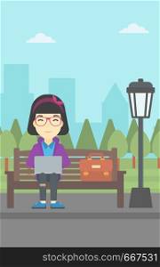 An asian young business woman with briefcase working in the park. Woman working on a laptop. Business woman sitting on a bench with laptop. Vector flat design illustration. Vertical layout.. Business woman working on laptop outdoor.