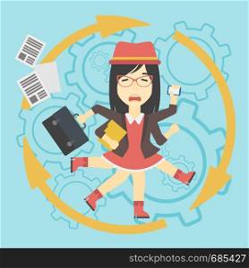 An asian young business woman with many legs and hands holding papers, briefcase, smartphone. Multitasking and productivity concept. Vector flat design illustration. Square layout.. Business woman coping with multitasking.