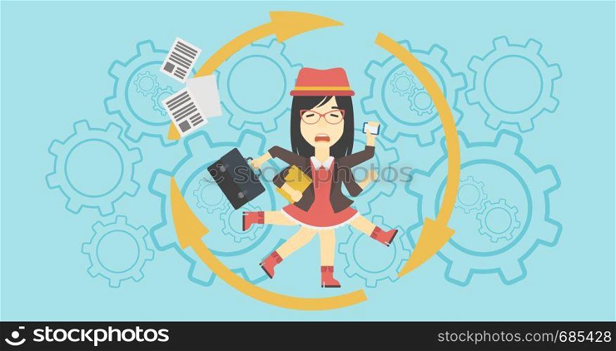 An asian young business woman with many legs and hands holding papers, briefcase, smartphone. Multitasking and productivity concept. Vector flat design illustration. Horizontal layout.. Business woman coping with multitasking.