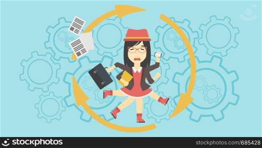 An asian young business woman with many legs and hands holding papers, briefcase, smartphone. Multitasking and productivity concept. Vector flat design illustration. Horizontal layout.. Business woman coping with multitasking.