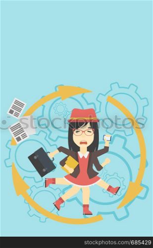 An asian young business woman with many legs and hands holding papers, briefcase, smartphone. Multitasking and productivity concept. Vector flat design illustration. Vertical layout.. Business woman coping with multitasking.