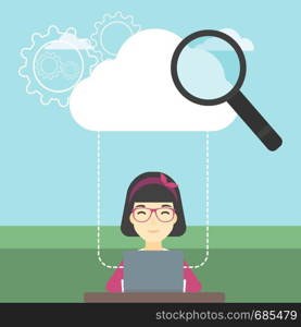 An asian young business woman working on a laptop and cloud, magnifier and gears above her. Cloud computing concept. Vector flat design illustration. Square layout.. Cloud computing technology vector illustration.