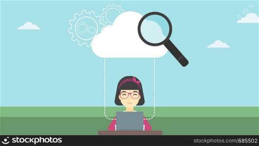 An asian young business woman working on a laptop and cloud, magnifier and gears above her. Cloud computing concept. Vector flat design illustration. Horizontal layout.. Cloud computing technology vector illustration.