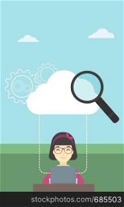 An asian young business woman working on a laptop and cloud, magnifier and gears above her. Cloud computing concept. Vector flat design illustration. Vertical layout.. Cloud computing technology vector illustration.