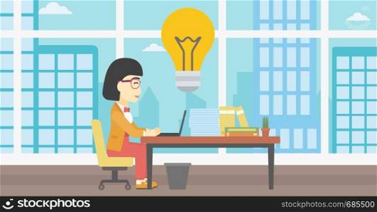 An asian young business woman working on her laptop in office and a big idea bulb above the table. Successful business idea concept. Vector flat design illustration. Horizontal layout.. Successful business idea vector illustration.