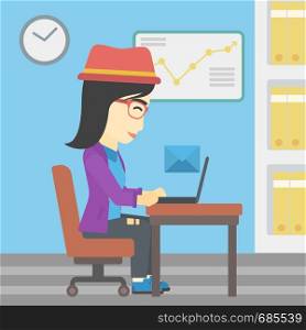 An asian young business woman working on her laptop in office and receiving or sending email. Business technology, email concept. Vector flat design illustration. Square layout.. Business woman receiving or sending email.