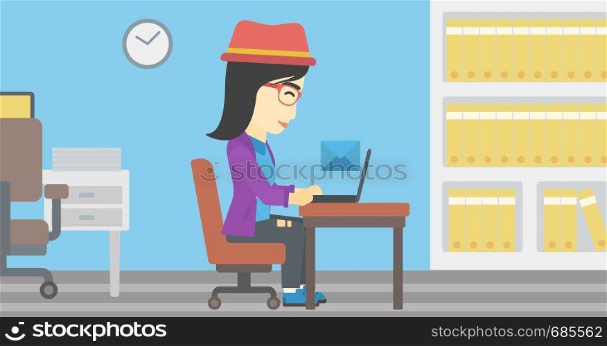 An asian young business woman working on her laptop in office and receiving or sending email. Business technology, email concept. Vector flat design illustration. Horizontal layout.. Business woman receiving or sending email.