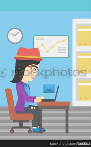 An asian young business woman working on her laptop in office and receiving or sending email. Business technology, email concept. Vector flat design illustration. Vertical layout.. Business woman receiving or sending email.
