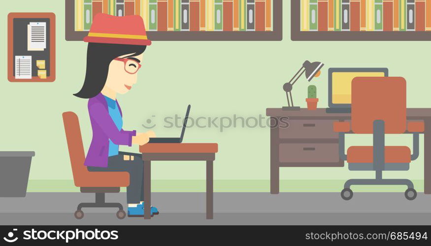 An asian young business woman working on her laptop in office. Vector flat design illustration. Horizontal layout.. Business woman working on her laptop.